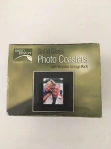 Sarah Peyton Home Solid Glass Photo Coasters With Wooden Holder NEW - Picture 1 of 6