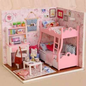Casa de muñecas de madera hágalo usted mismo casa pequeña kit juguetes hogar dormitorio con muebles regalos - Imagen 1 de 34