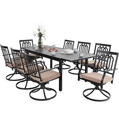 PHI VILLA 9 Pcs Outdoor Patio Dining Set Furniture Extendable Table & 8 Swivel Chairs Sets