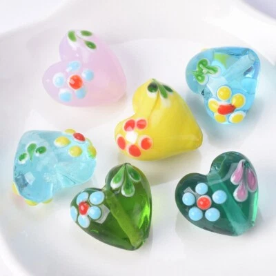 MARKENLOS 5 Stück Handgefertigt Herz 16x14mm Blume Muster Lampwork Glas Lose Perlen