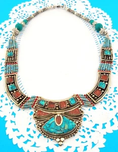 Collar babero vintage nepalí tibetano coral turquesa astillas mosaico placa de plata 18" - Imagen 1 de 12