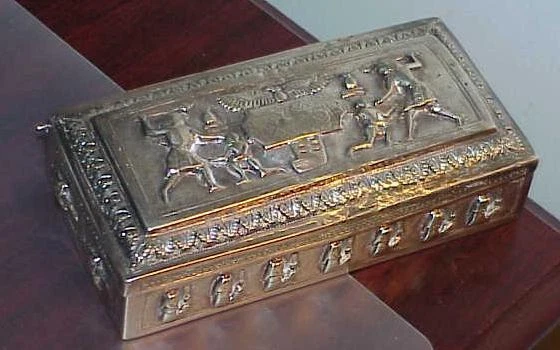 Antiga caixa de joias articulada prata 950 hieróglifos cenas egípcias raras - Imagem 1 de 1