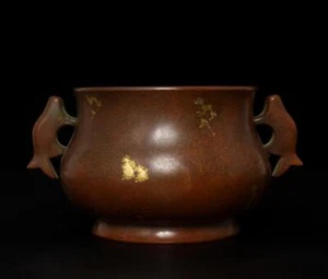 Qianlong Signed Old Chinese Bronze Gilding Incense Burner w/ear - Picture 1 of 8
