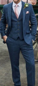 Men's Navy Blue Herringbone Tweed Vintage Check Prom Groom Tuxedo Wedding Suit - Picture 1 of 11