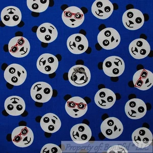 BonEful Fabric FQ Cotton Quilt Blue B&W Red Eye Glasses Boy Panda Bear China Zoo - Picture 1 of 12