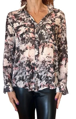 CLUB MONACO WOMAN S NOVELTY SILK BLOUSE SHEER CHIFFON BUTTON UP MULTI FLORAL - Image 1 of 4