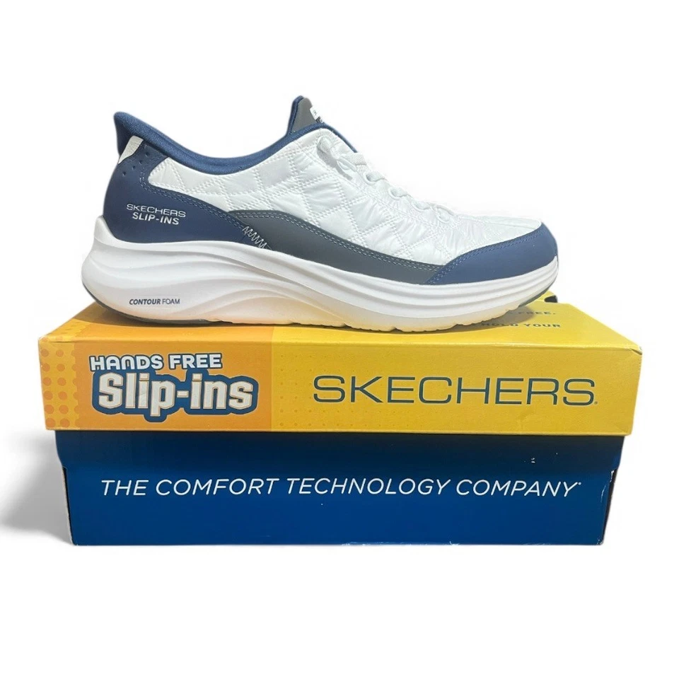 Zapatillas deportivas Skechers manos libres calce acogedor blancas azules acolchadas para mujer talla 9 Foto 1 de 4