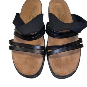 Sandalias Naot para mujer talla 39 (US 8-8.5) zapatos planos de cuero negro con tiras Israel - Imagen 1 de 14
