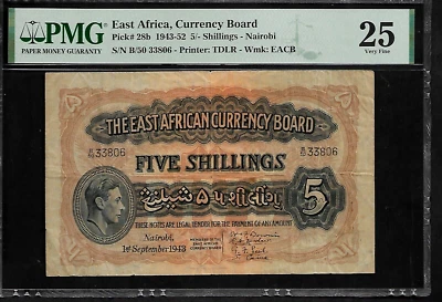 East Africa 5/- Shillings - Nairobi  1943 PMG 25 P#28b Currency Board S/N B/50 - Image 1 of 4