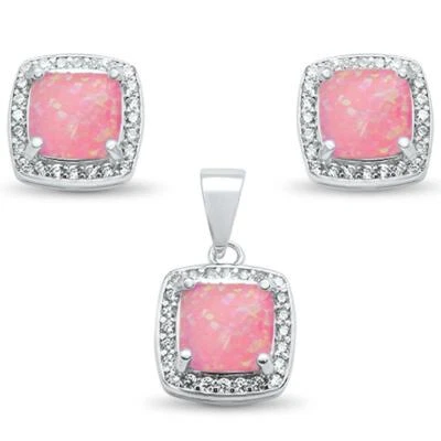 Cushion Cut Pink Opal & Cz Earring & Pendant .925 Sterling Silver Set - Image 1 of 2