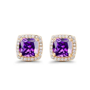 14k Yellow Gold 2Ct Created Halo Princess Cut Tanzanite CZ Stud Earrings - Picture 1 of 2