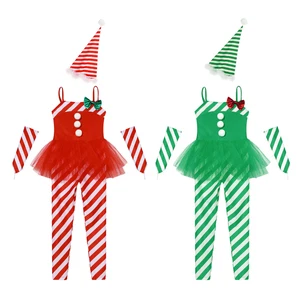 Kids Girls Mrs Santa Costume Adjustable Shoulder Straps Striped Leotard Outfits - Picture 1 of 35