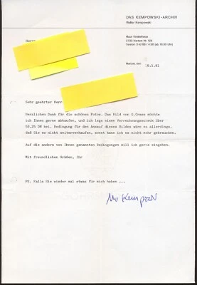 Walter KEMPOWSKI★BRIEF★Nartum 1981 nach Hamburg★SIGNIERT, DATIERT★SEHR GUT★ - Bild 1 von 2