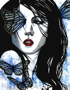 Retrato gótico de mujer con mariposas azules ARTE FANTASÍA 11x14 - Imagen 1 de 1