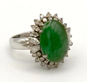 Vtg. 14k W. Gold Oval Jade Halo Ring Sz 6 w 32 Round & 6 Marquise Diamonds (HuP) - Picture 1 of 8