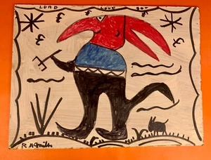 1990s RA MILLER Red Devil Painting on Masonite 16" x 12" EXC Folk Outsider Art - Picture 1 of 6