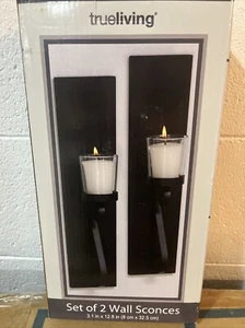 Set of 2 Wall Sconces 3.1 X 12.8 Black Metal w/ 2 Clear Glass Votive Candle Cups - Picture 1 of 2