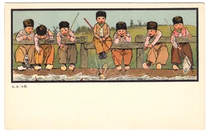 Holländische Kinder Angeln vom Zaun ~ Vintage Anfang 1900 Niederlande Postkarte - Bild 1 von 2
