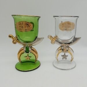 2 Masonic Shriner Glasses 1899 Syria Temple Sword Lion Pittsburgh PA Green Clear