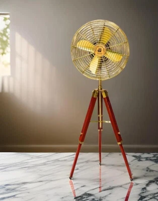 Ventilador Eléctrico con Cable Hecho a Mano Latón Antiguo Vintage Ventilador de Pedestal con Trípode de Madera Foto 1 de 4