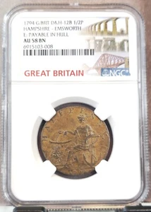 1794 GREAT BRITAIN 1/2 PENNY D&H 12B HAMPSHIRE EMSWORTH NGC AU 58 BN RARE - Picture 1 of 3