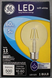 GE Decorative Globe Clear LED 5W (60W) Soft White Dimmable 13 Yr Light Bulb NEW - Picture 1 of 2