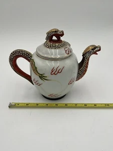 Japanese Kutani Dragon Gilt Gold Orange White Porcelain Teapot Hand Painted - Picture 1 of 5
