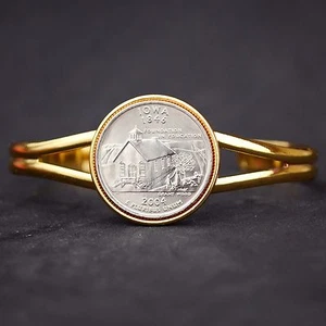 US 2004 Iowa State Quarter Coin Gold Plated Cuff Bracelet - Beautiful - Picture 1 of 4