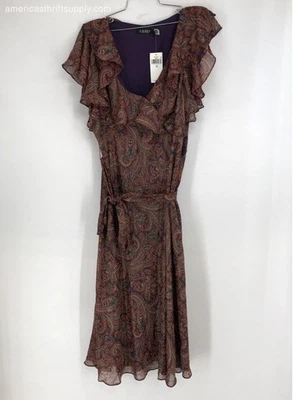 Lauren Ralph Lauren Purple Paisley Ruffle Wrap Dress Women's Size 10 NWT - Image 1 of 4