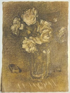 Signed Alfred Prust Undated Pencil Sketch Original Art Flowers Vase Roses Floral - Picture 1 of 9