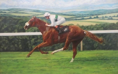 English EQUESTRIAN PORTRAIT Oil Painting HORSE RACING Lestor Piggott Interest - Image 1 of 4