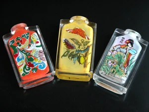 Nachlass chinesische Vintage Schnupftabakflaschen, 3 Stück rückseitig bemalte Bergkristall? - Bild 1 von 11