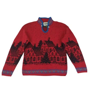 Vintage Alpen Damen Wollpullover Rot Dorf Weihnachten Urlaub Pullover Large - Bild 1 von 6