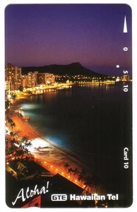 10u Waikiki al crepuscolo. Fondo logo GTE. Scheda telefonica 'Aloha' (Vert) USATA 2 fori - Foto 1 di 1