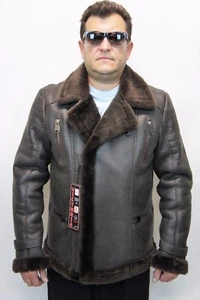 Men 100% Real Sheepskin Shearling Leather Bomber Aviator Jacket Coat Taupe S-6XL - Picture 1 of 12