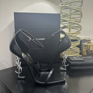 Saint Laurent YSL Opyum 110 Sandal Logo Heel Black/Silver 41 - Picture 1 of 9