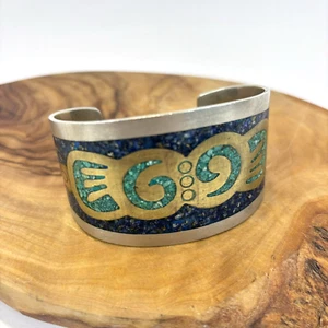 Vintage Taxco Mexico Alpaca Silver Cuff Bracelet Crushed Lapis Turquoise Inlay - Picture 1 of 10