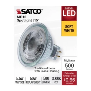 Satco S12361 - 5.5 Watt MR16 LED Spotlight - 3000K CCT - 12 Volt (2,6, or 12 PK) - Picture 1 of 8