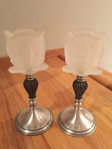 Simson Giftware Frosted Rose Tulip Brass Votive 7" Candle Holder Set of 2 ~ RARE - Picture 1 of 8