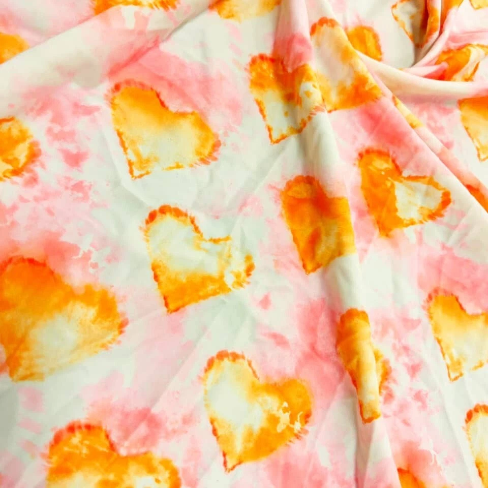 Orange Hearts with Pink Print Spandex Stretch Fabric Swimsuit 60" wide By Yard - Image 1 of 4