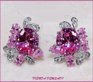 BELLOS PENDIENTES DE PLATA CON ZAFIRO PINK 8 CARATE Y CIRCONIOS ORIGEN BRASIL - Picture 1 of 1