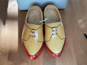 VTG NOS 60S DUTCH NETHERLANDS WOODEN SHOES UNWORN NEW 25 1/2 GOLD RED STUDS - Picture 1 of 14