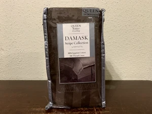 Wamsutta Damask Stripe Queen Bed Skirt Brown 15" Drop Egyptian Cotton 500 Thread - Picture 1 of 10