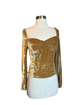 Reformation Women’s Velvet Top Size 6 Gold Cropped Long Sleeve - Image 1 of 4