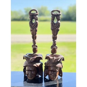 Pair of Hand Carved 18” Wood Candle Sconces Ft. Caribbean Wooden Tribal Statue - Picture 1 of 13