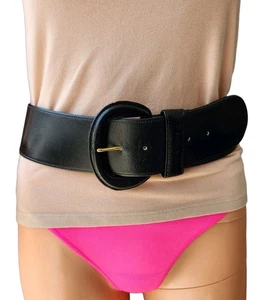 Vtg Anne Klein For Oroton Black Leather 2.5" Wide Belt For Waist 29"-33" Size M - Picture 1 of 18