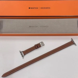 Apple Watch Hermès Double Tour Bracelet Cuir Doré 42mm,41mm,40mm Boîte Ouverte - Photo 1/8
