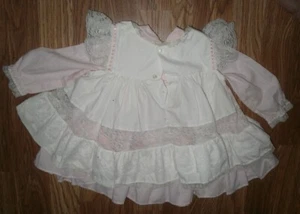 Vtg 2 pc BABY TOGS sz 12 M Pink Stripe Pinafore Lace Ruffle Apron Circle  DRESS - Picture 1 of 7