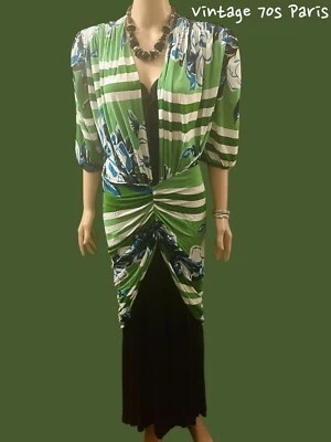 Vestido Vintage Años 70 Francia Sirena Maxi Plisado Acanalado Hombro Abullonado Floral M Foto 1 de 4