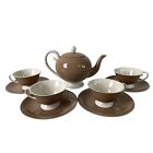 Vintage Tan Brown & Cream Teapot Set, 4 Saucers 4 Teacups Unmarked Home Decor